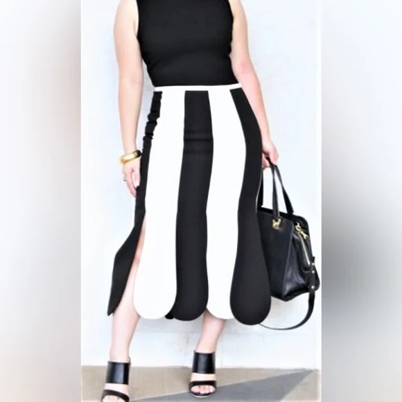 Victoria Beckham For Target Black White Stripe Scallop Hem Midi Skirt - Picture 1 of 4